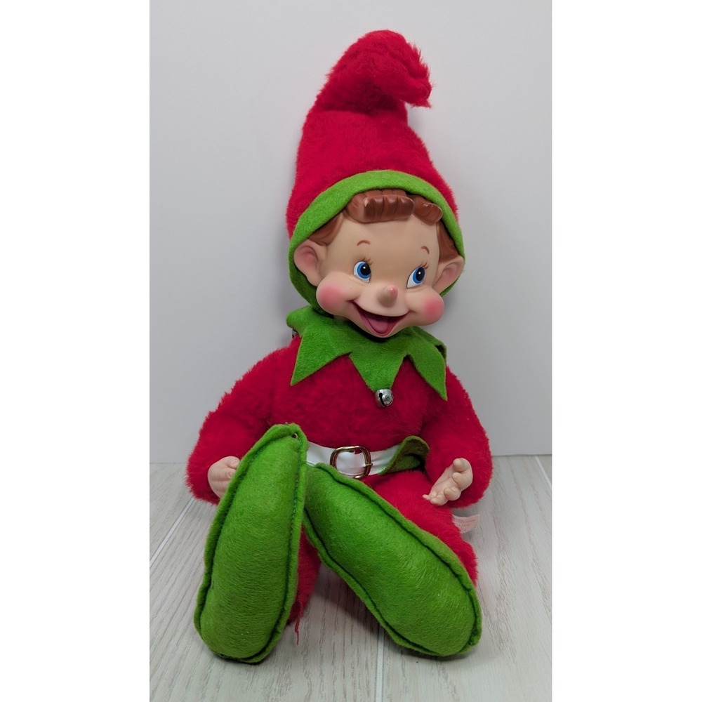 Vintage Rushton Elf Jester Pixie Plush Rubber Face Doll 20" Christmas Bells READ